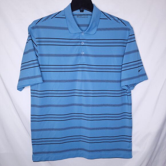 Nike Polo Shirt Mens Large Striped Blue Dri Fit Golf Swoosh - Picture 2 of 11